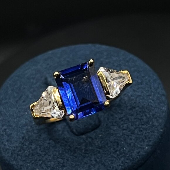 Vintage Blue Sapphire Ring With Cubic Zirconia Gold-Plated Sterling Silver - Picture 3 of 7
